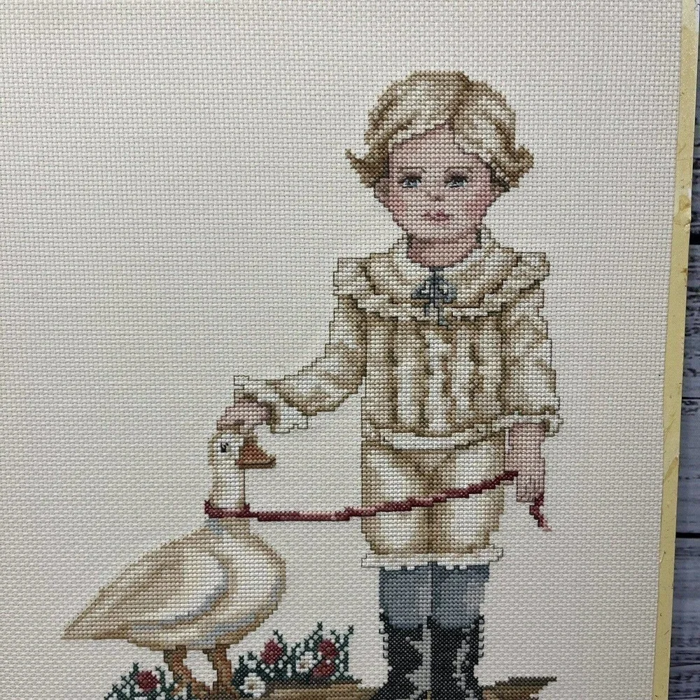 Vintage Finished Cross Stitch English Victorian Boy w/ Duck 1989 16x12